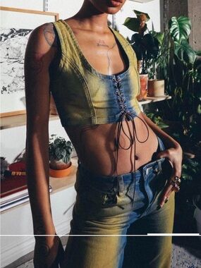 Lace‑Up Denim Tank Top in Olive & Blue